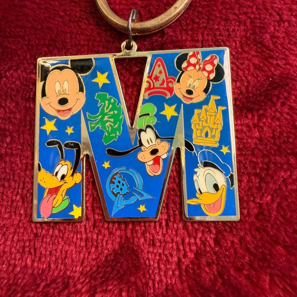 Disney Mickey Mouse Friends Letter M Keychain Blue Enamel Gold Tone Metal Charm